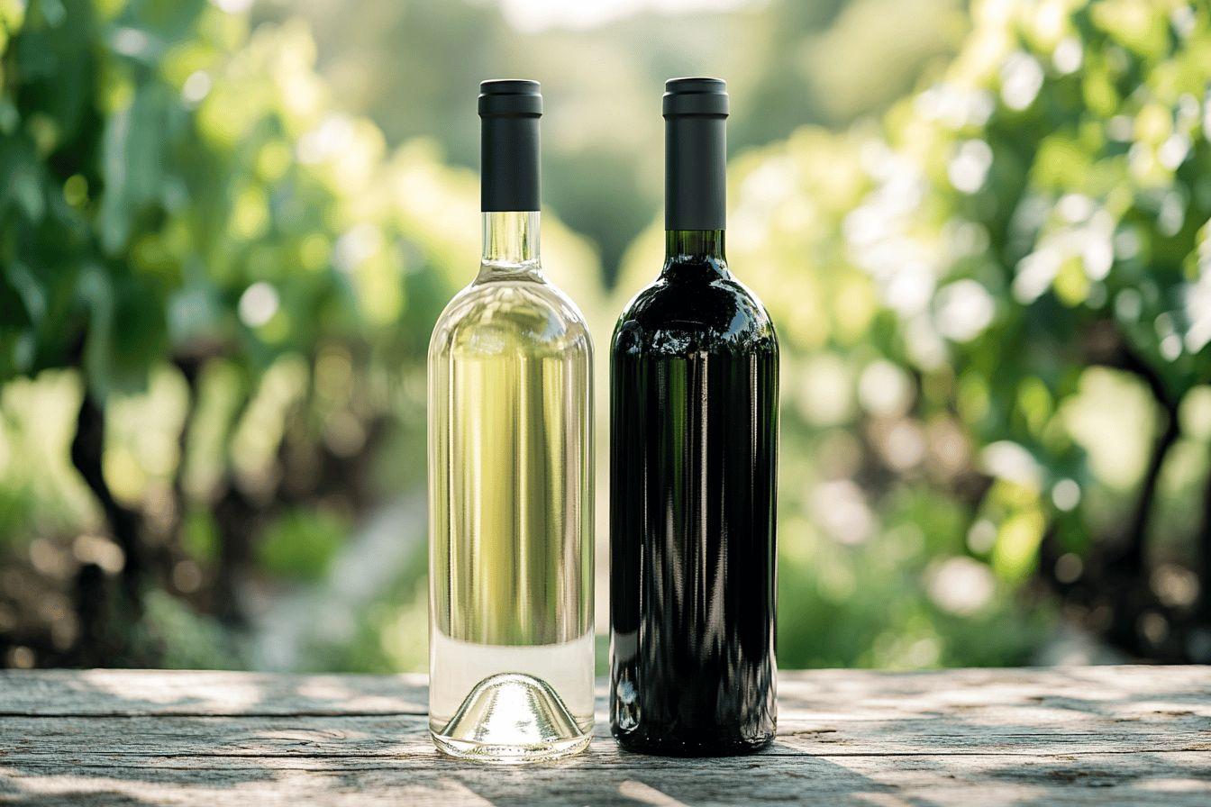 Deux bouteilles de vin sur une surface en bois, forêt en arrière-plan