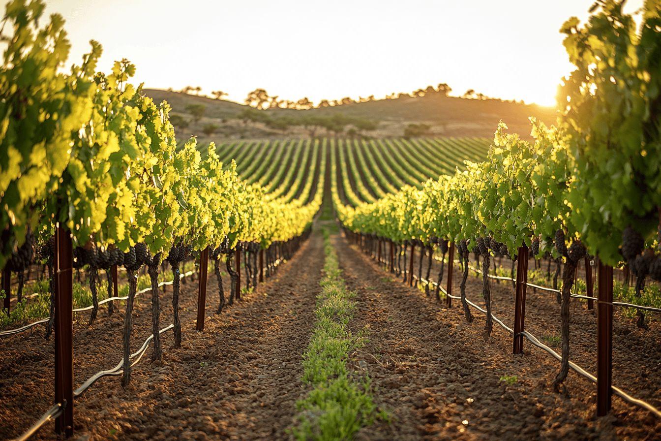 Rangées de vignes au soleil couchant dans un paysage verdoyant