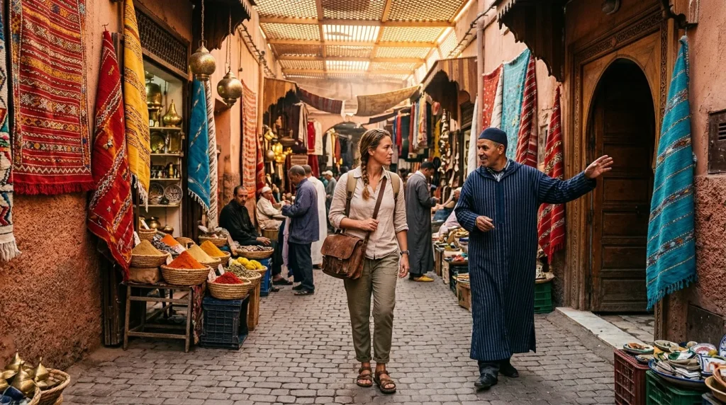 Femme touriste explorant une ruelle colorée de marché oriental