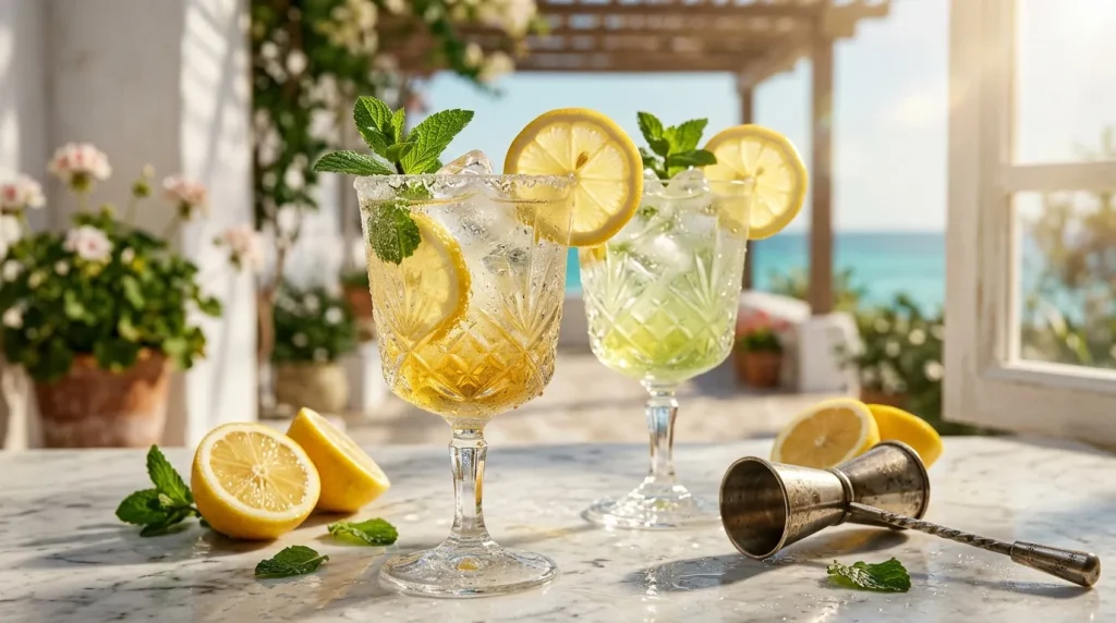 Deux verres de cocktail citron menthe sur terrasse ensoleillée