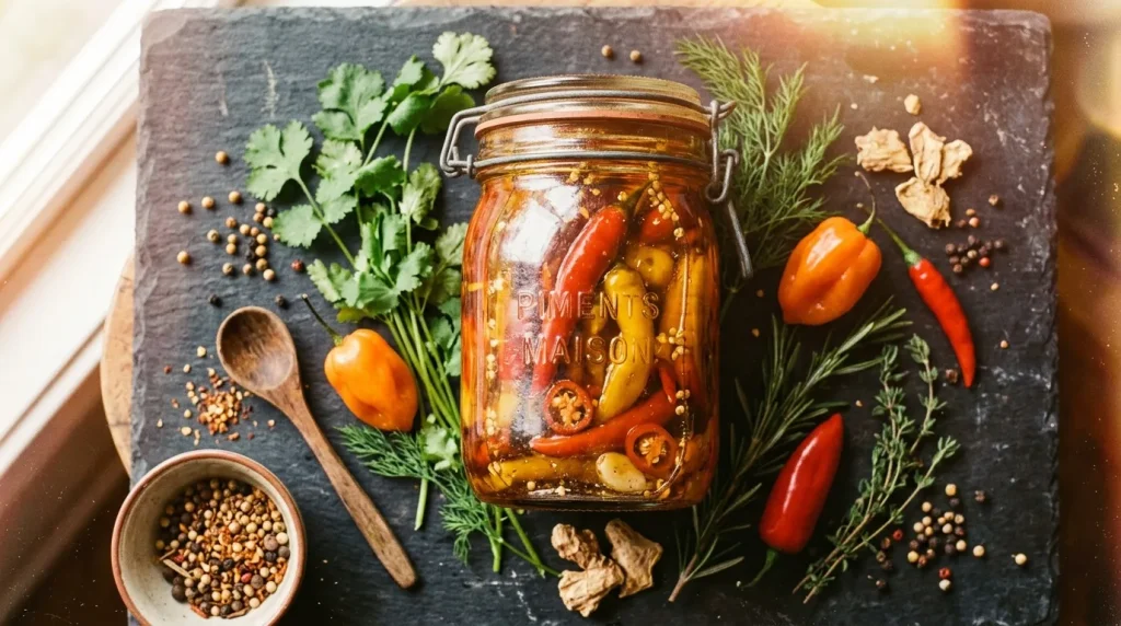 Pot de piments marinés entouré d'herbes et épices fraîches