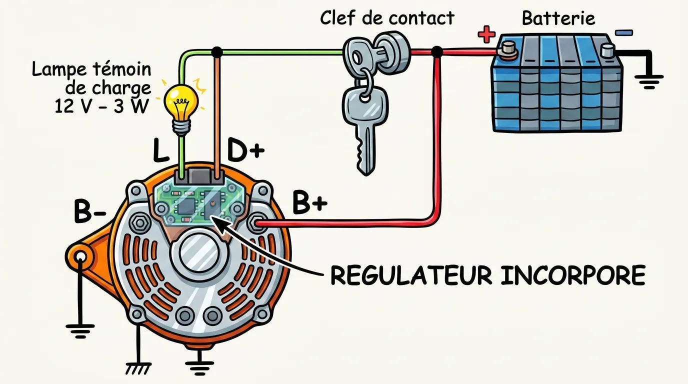 Schéma électrique d'un système de charge automobile avec alternateur et batterie