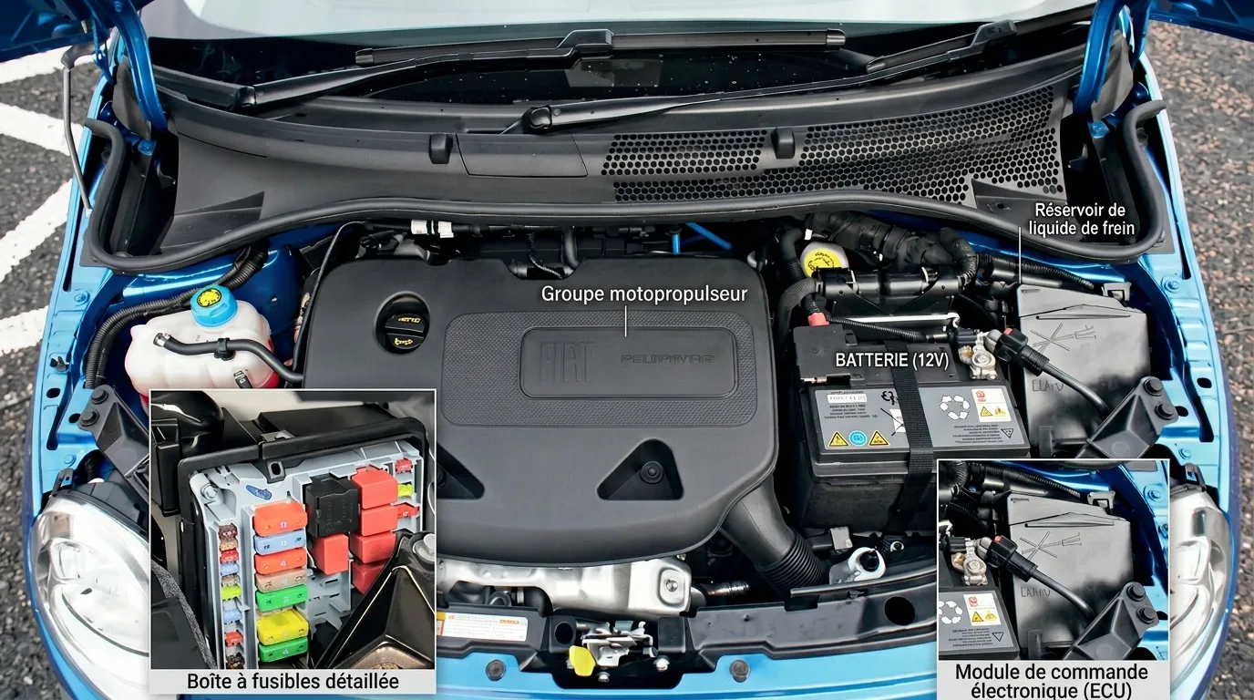 Moteur et composants électriques d'une Fiat Panda bleue
