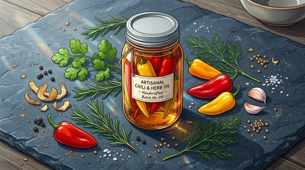 Pot d'huile artisanale avec piments, herbes et épices colorés