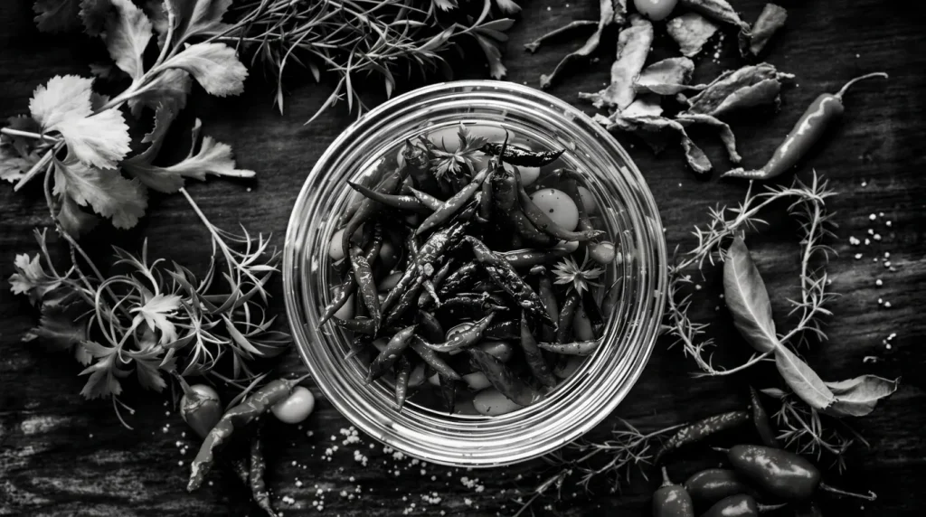 Bocal en verre contenant des insectes, entouré d'herbes séchées