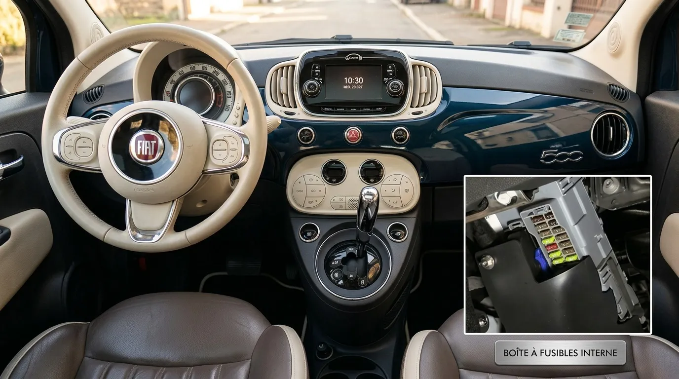 Habitacle Fiat 500 avec tableau de bord et boîte fusibles interne