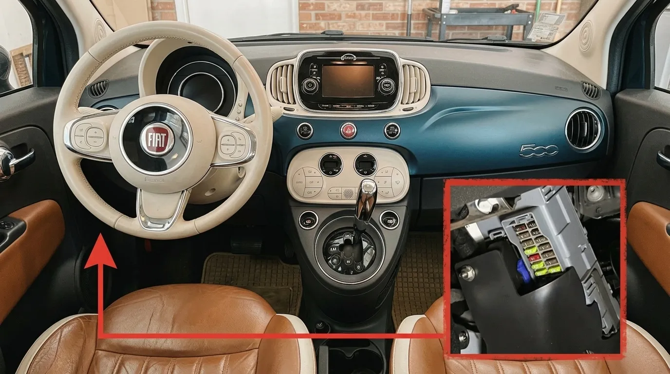 Tableau de bord Fiat 500 avec volant beige et sièges cuir marron