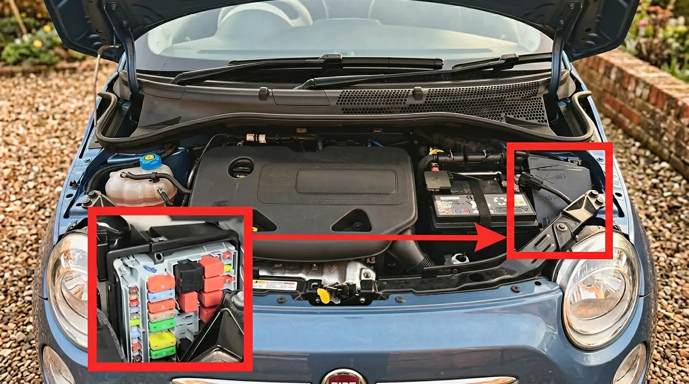 Compartiment moteur ouvert montrant batterie et fusibles