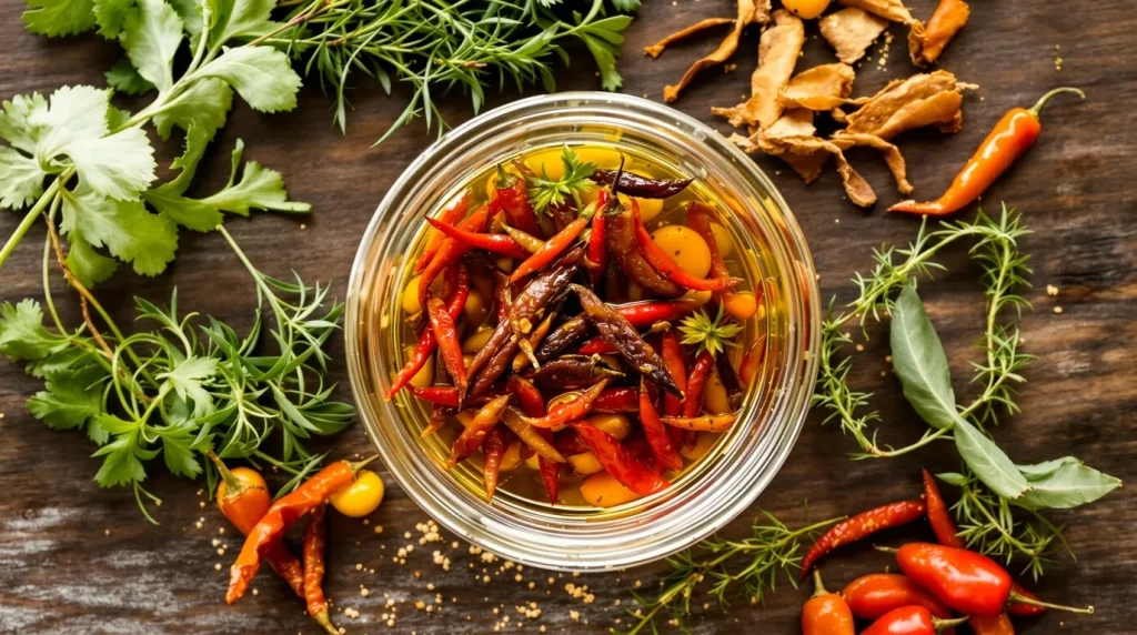 Pot de piments rouges marinés avec herbes fraîches et épices