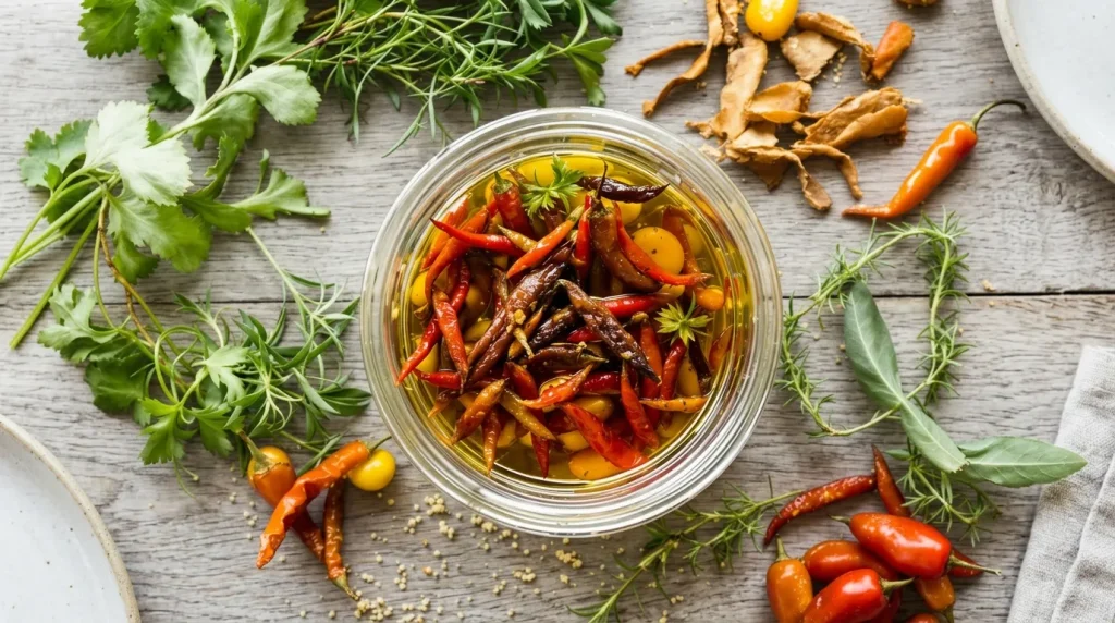 Bocal de piments rouges marinés avec herbes aromatiques