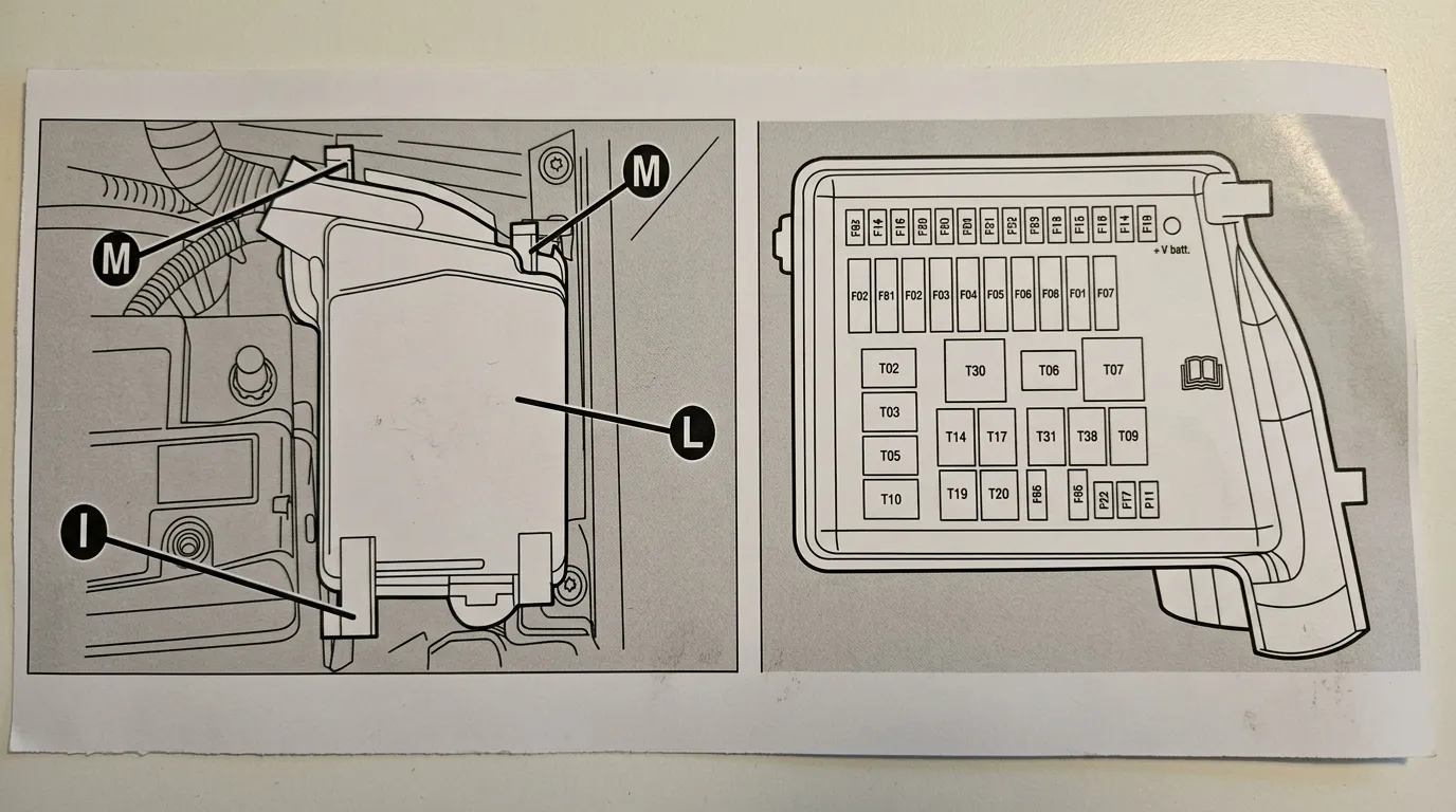Diagram showing fuse box location and fuse panel layout